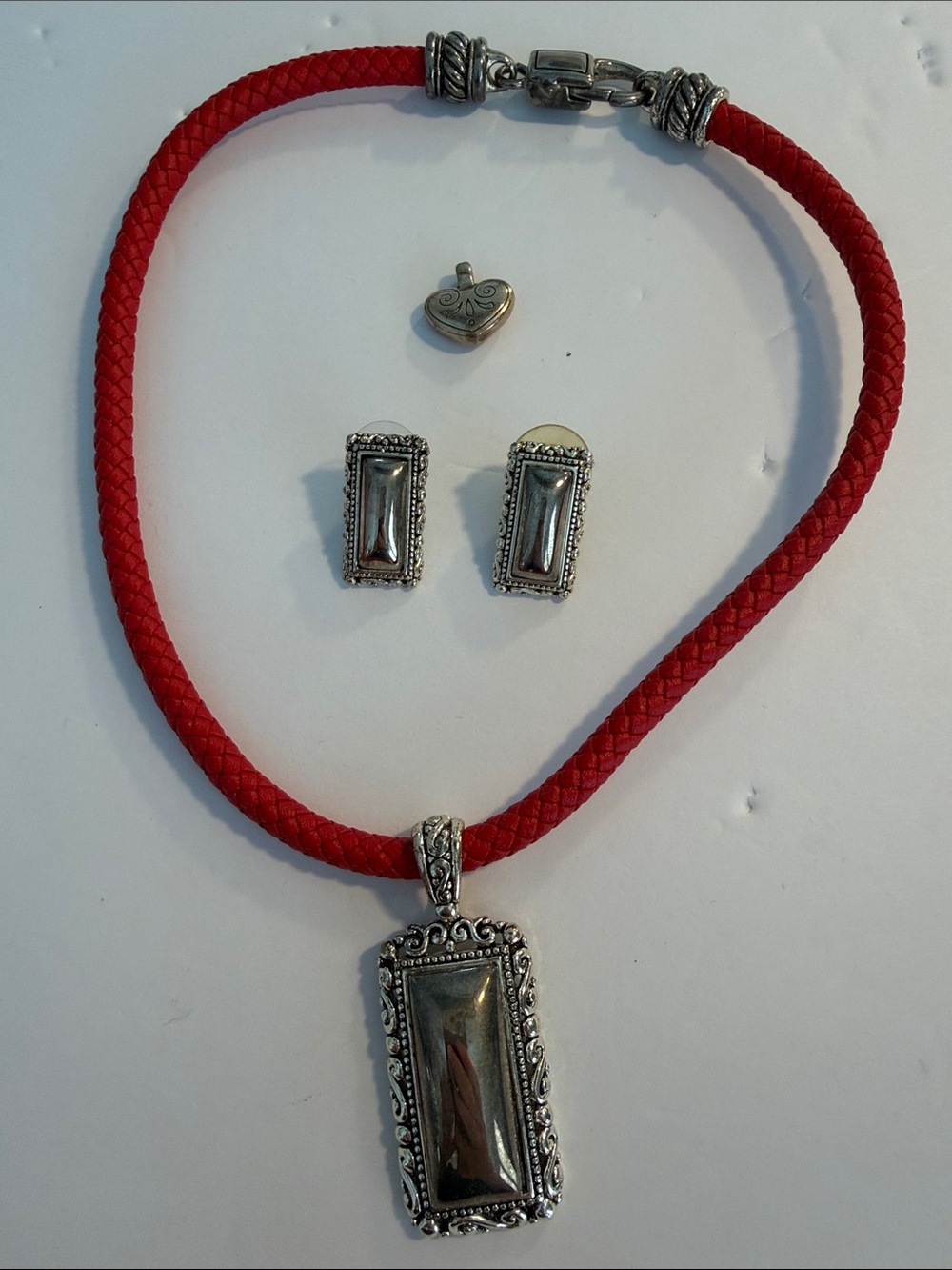 Brighton Sterling-Style Rectangular Pendant Necklace and Earring Set in Red